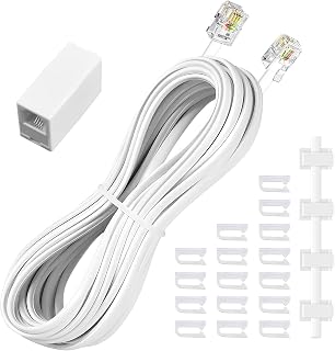 moeverEX Phone Extension Cord 25 Ft, White Telephone Cable with RJ11 Plug | Telephone Cord with 1 in-Line Couplers and 20 Cable Clip Holders, 100% 26 AWG Pure Copper Core, Great Connection and Calls