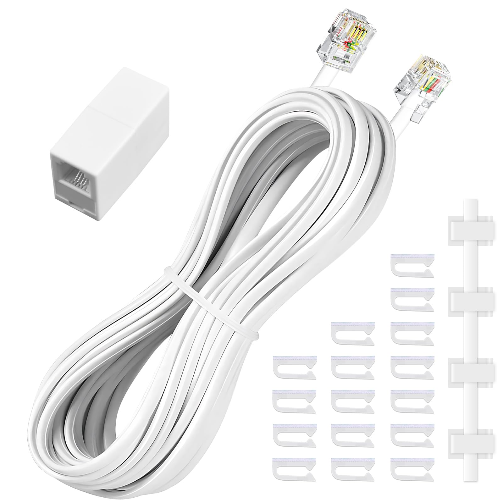 moeverEX Phone Extension Cord 25 Ft, White Telephone Cable with RJ11 Plug | Tele
