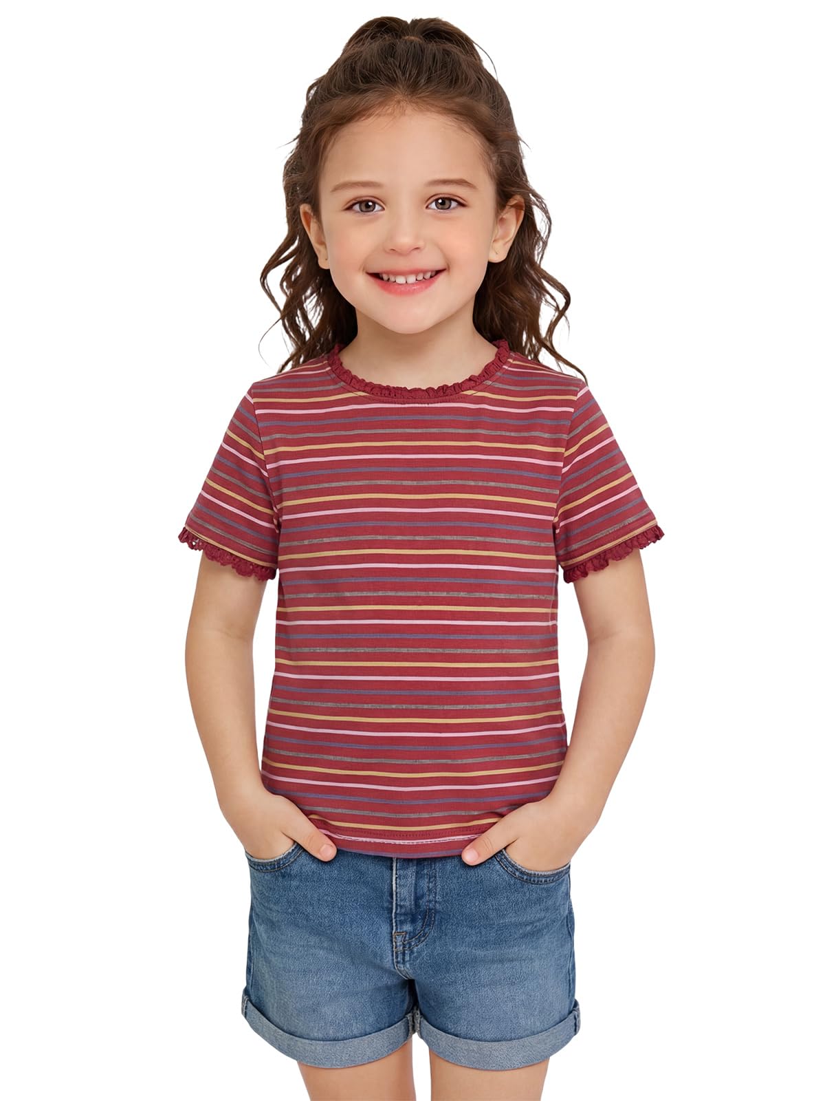 Haloumoning Toddler Baby Girls Striped Short Sleeve T-Shirts Kids Ribbed Knit Ru