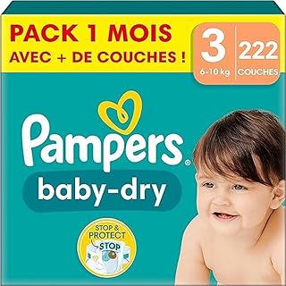 Pampers Baby-Dry Size 3, 222 Nappies, 6 kg - 10 kg, Up to 100% Leak Protection & Comfort All Night