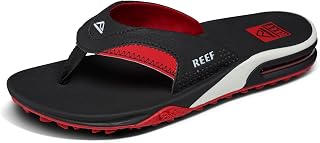 Reef Fanning Pregame Men's Flip Flops with Bottle Opener, Arch Support, Durable Sole, Water Resistant, Crimson/White, 45 EU