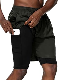 HMIYA 2 in 1 Men's Sports Shorts Quick Dry Breathable Running Shorts with Zip Pocket