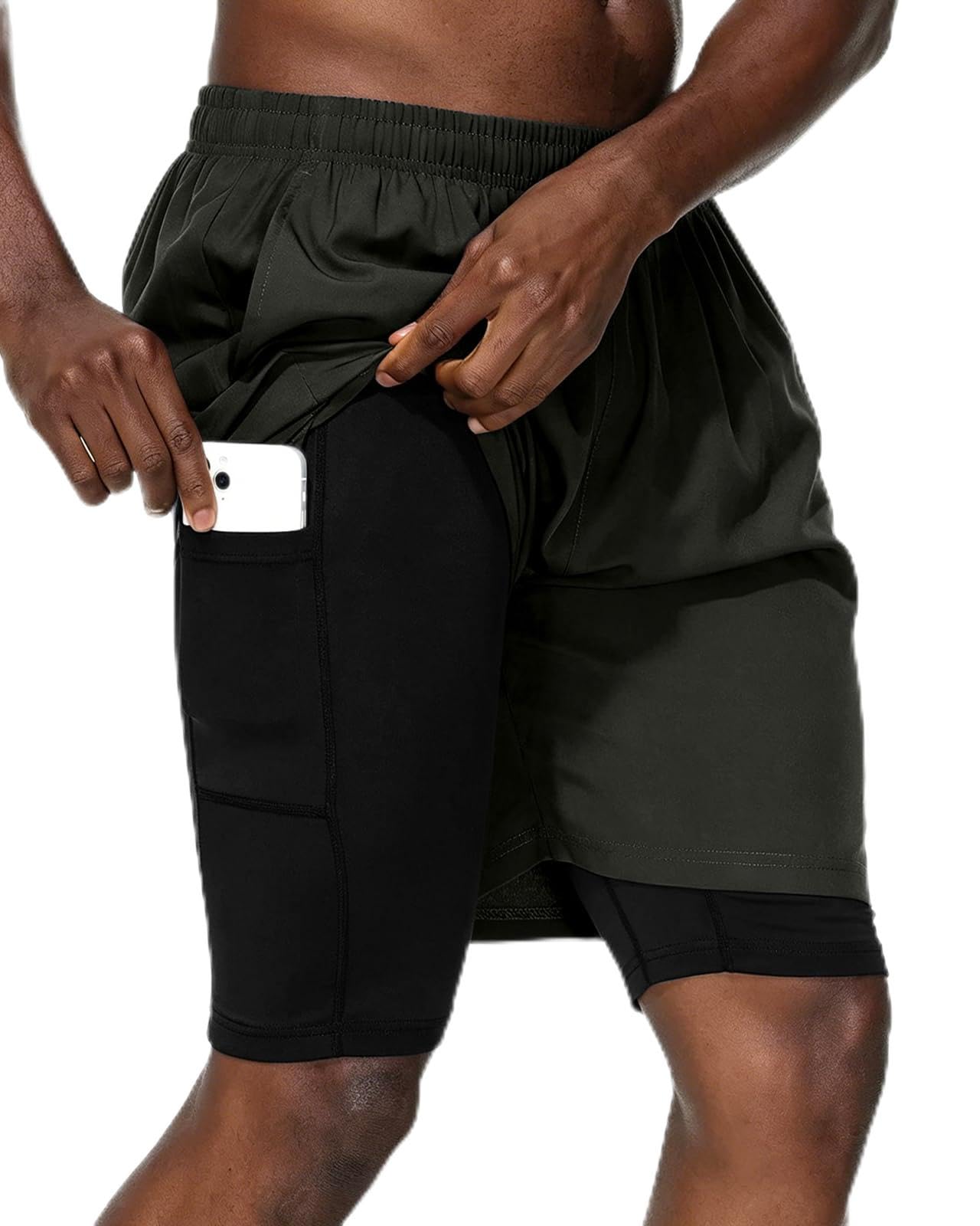 HMIYA 2 in 1 Men's Sports Shorts Quick Dry Breathable Running Shorts with Zip Po