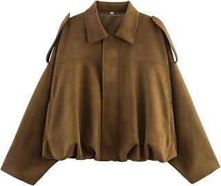WOWULOVELY Women's Faux Suede Bomber Jacket Lapel Pilot Motorcycle Coat Spring Long Sleeves Trendy Streetwear Outerwear