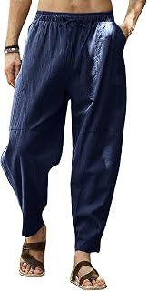 Men's Linen Harem Pants with Drawstring Elastic Waist Loose Fit Casual Yoga Pants with Pockets