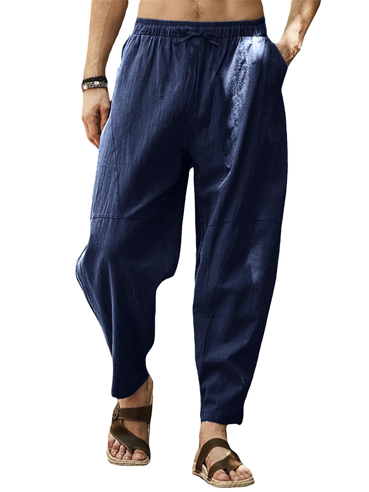 Men's Linen Harem Pants with Drawstring Elastic Waist Loose Fit Casual Yoga Pant