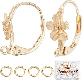 Beebeecraft フラワーレバーバックイヤリングファインディング20個 18Kゴールドメッキ 真鍮 17x8mm フレンチイヤリングフック フラワーパターン イヤーワイヤーファインディング 40個のジャンプリング付き ジュエリー製作用