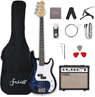 Fojill Full Size 4 Four String Electric Bass Guitar 20W Amplifier Amp Right Hand Beginner Starter Kit Set Combo Bundle Accessory Gig Bag,Strap,Picks,Capo,Noiselss Cable,Strings (Thunder Blue)