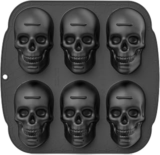 6 Cavities Large Skull Cake Pan Silicone Mold - 3D Skull Ice Cube Mold, Halloween Silicone Molds Bpa Free for Chocolate, Jelly, Wax Melt, Ice Cubes, Gelatin and Resin