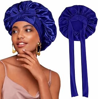 Silk Satin Hair Bonnet Sleeping Night Sleep Hat with Tie Band Black Bonnet Headwrap (Navy Blue)