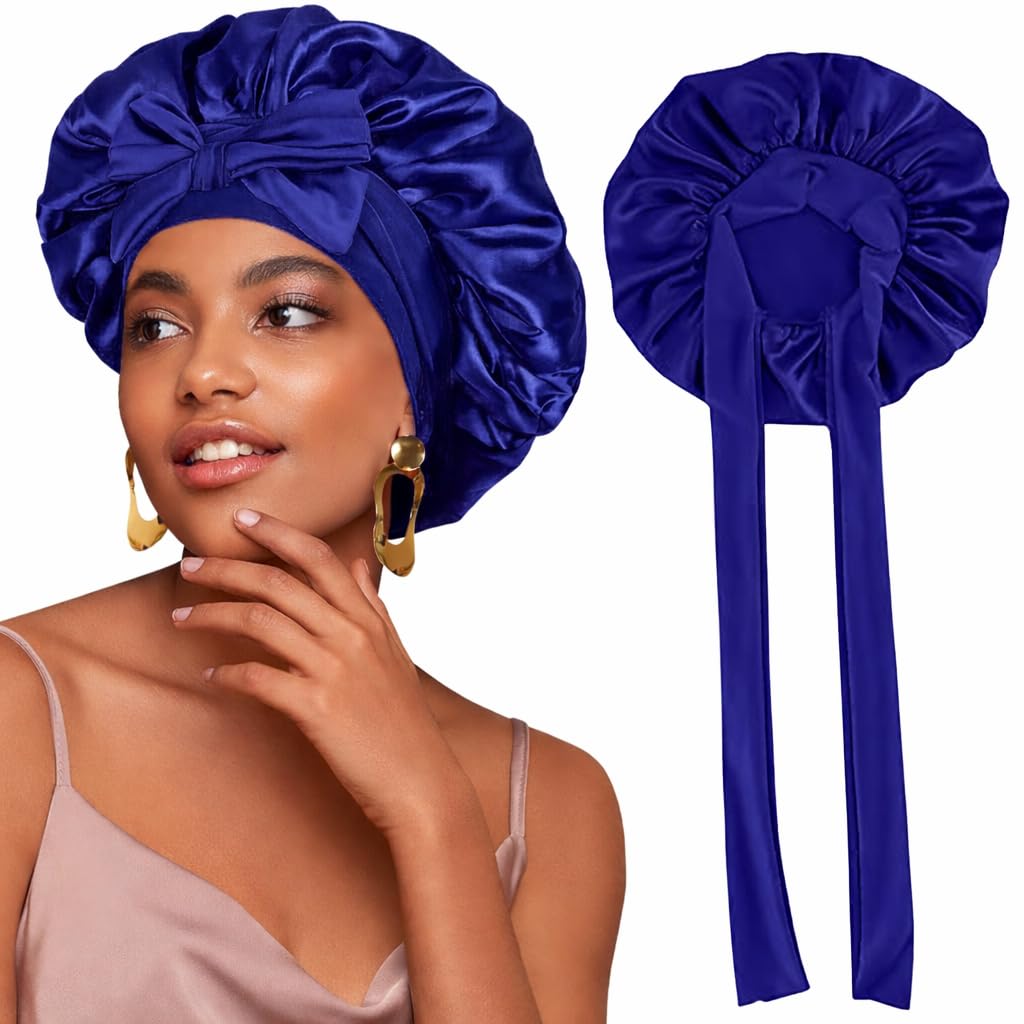 Silk Satin Hair Bonnet Sleeping Night Sleep Hat with Tie Band Black Bonnet Headw