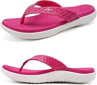 KuaiLu Women's Summer Fashion Leather Flip Flops with Support Orthopedic Beach Flip Flops and Pool Slips