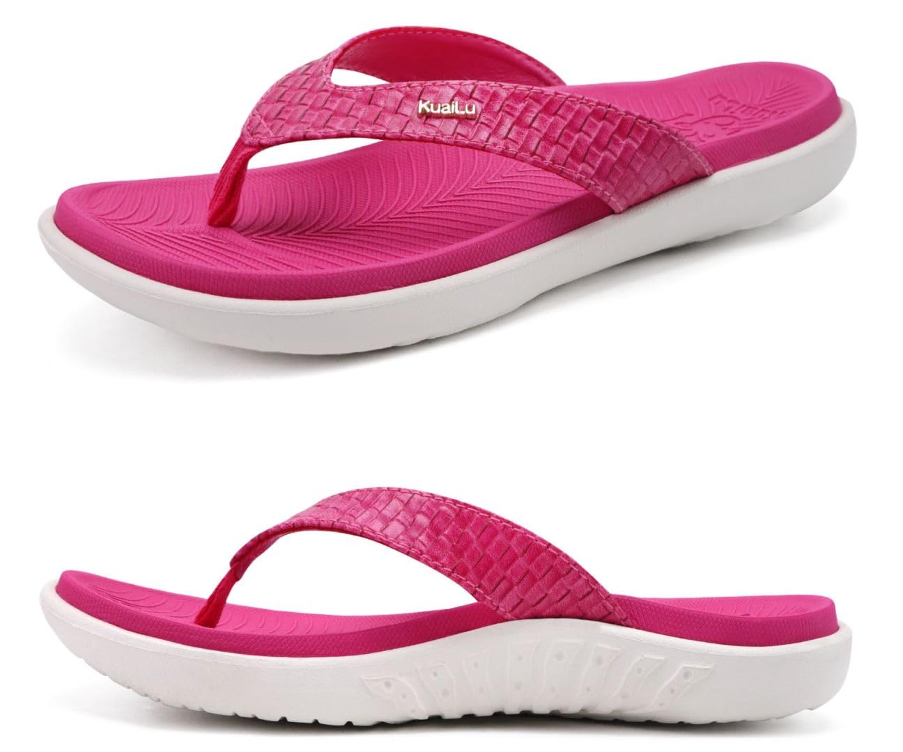 KuaiLu Women's Summer Fashion Leather Flip Flops with Support Orthopedic Beach F