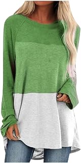 Women's Casual Long Sleeve Crewneck Tops Lightweight Color Block Tunic Shirt Bell Sleeve Pullover Loose Fit Blouse