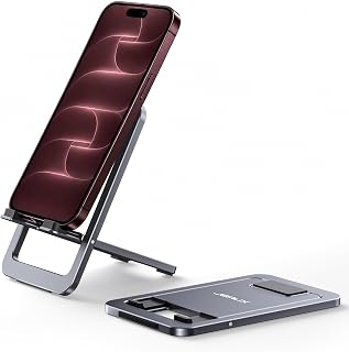 JSAUX Fold-Flat Cell Phone Stand, Adjustable Desk Holder-Gray | Easy to Carry, Travel Friendly, for 4-8 Inch Phones, 0-90° Viewing, Sturdy Aluminum, Reinforced Swivel, Charging Access