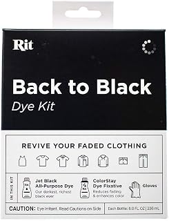 Rit Dye Back to Black Kit – Includes Jet Black All Purpose Dye, ColorStay Dye Fixative, & Gloves – Restore Faded Fabrics