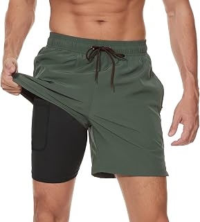 Arcweg Men's Swim Trunks Mens Swimming Shorts with Compression Liner Quick Dry Stretchy 2 in 1 Board Shorts with Zipper Pockets