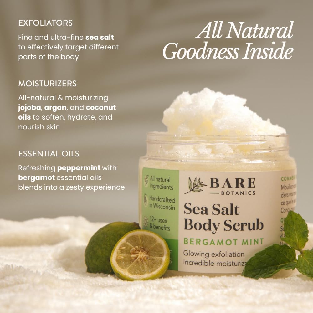 Bare Botanics 24oz Bergamot Mint Sea Salt Body Scrub Natural Exfoliator