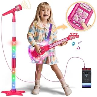 Kids Guitar and Microphone Set, Toddler Musical Instrument Toy, Pink | Toy guitar with strap and adjustable volume, microphone with color lights stand, karaoke Machine for 3-5 5-9 birthday gifts