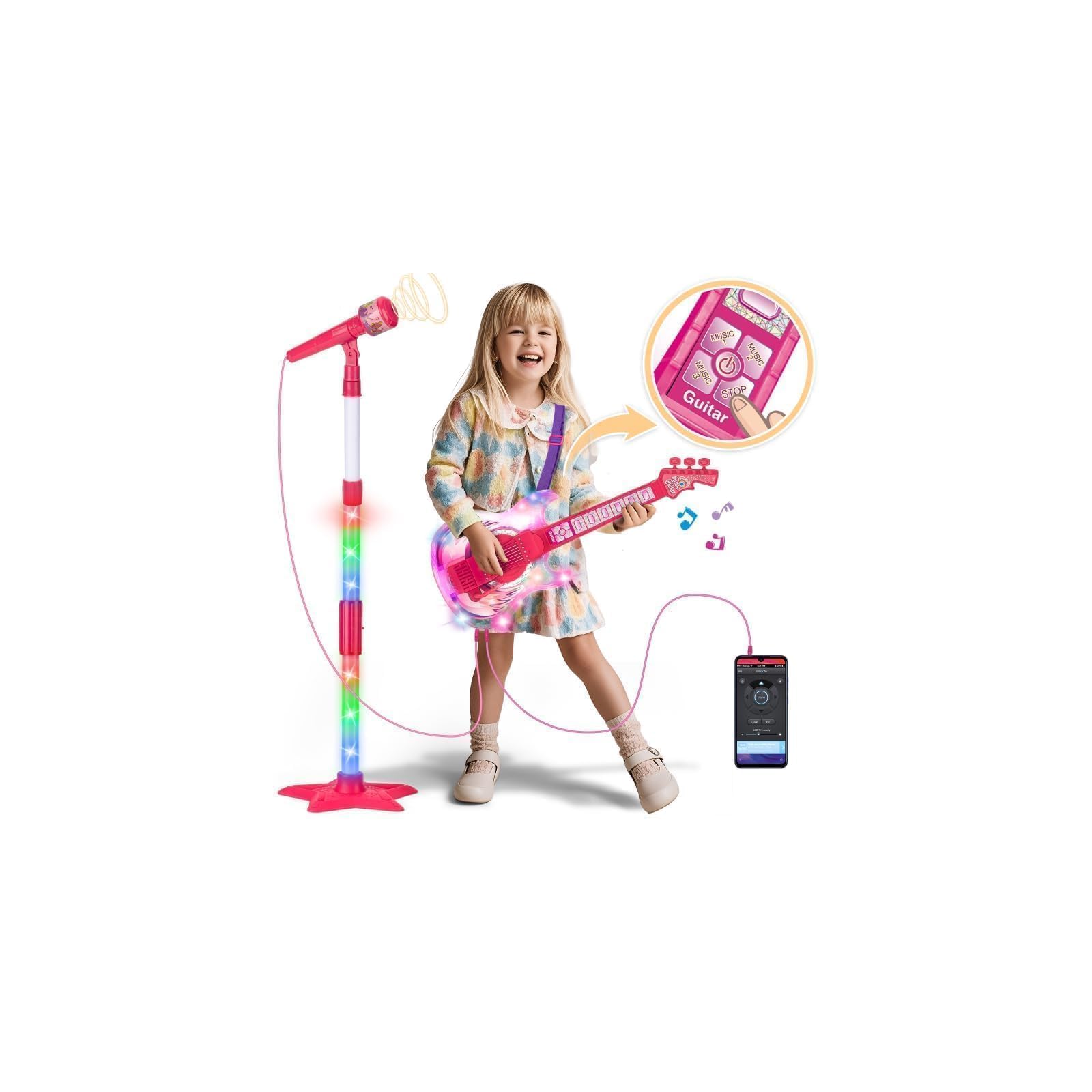 Kids Guitar and Microphone Set, Toddler Musical Instrument Toy, Pink | Toy guita