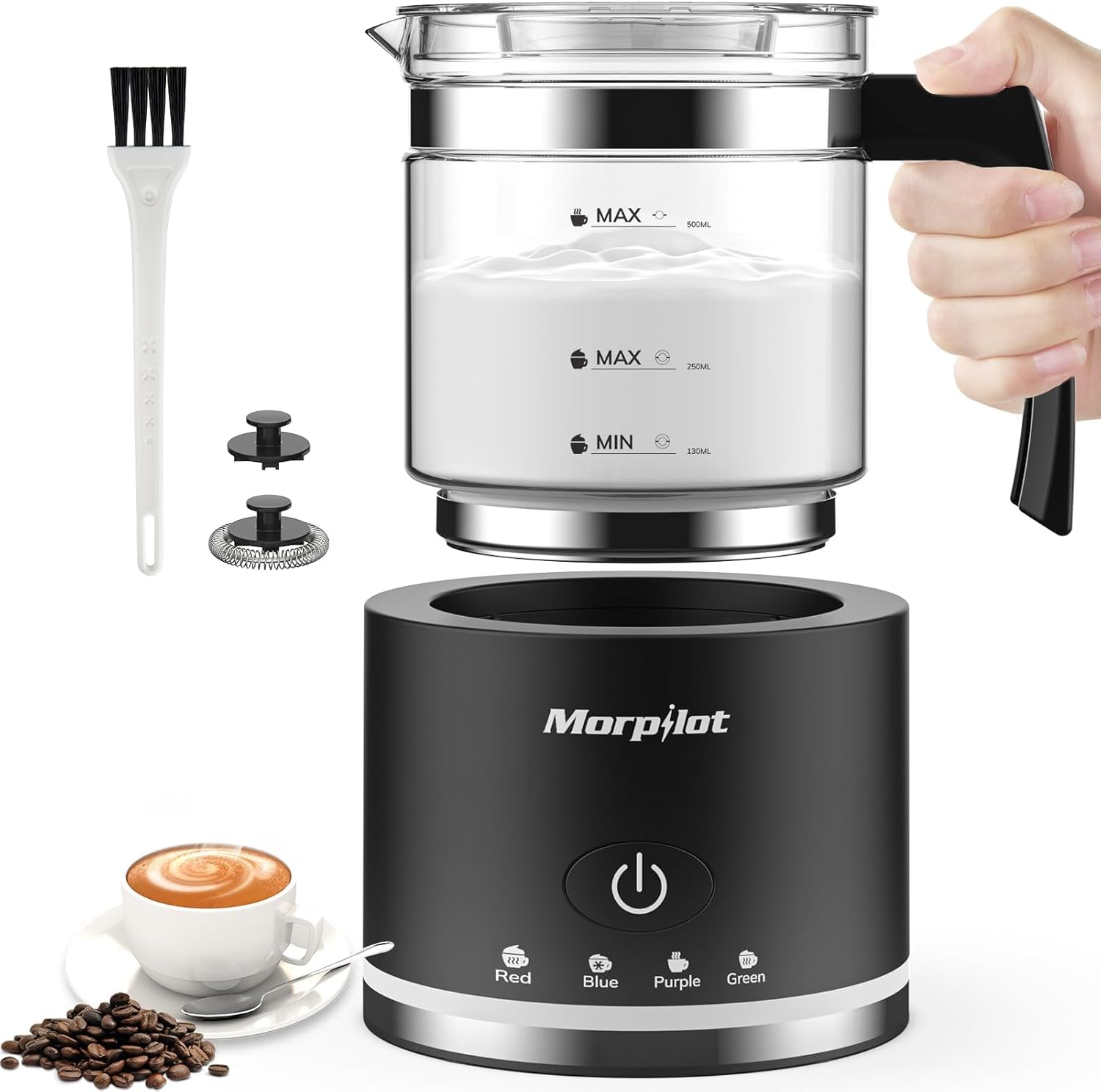 Morpilot Electric Milk Frother, 600 W, 130-500 ml, 4-in-1 Milk Frother for Hot a