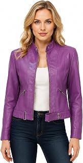 YMADREIG Leather Jacket Women Zip Up Long Sleeve Crop Motorcycle Jackets Slim Fit Stand Up Collared Biker Coat Fall Outfits