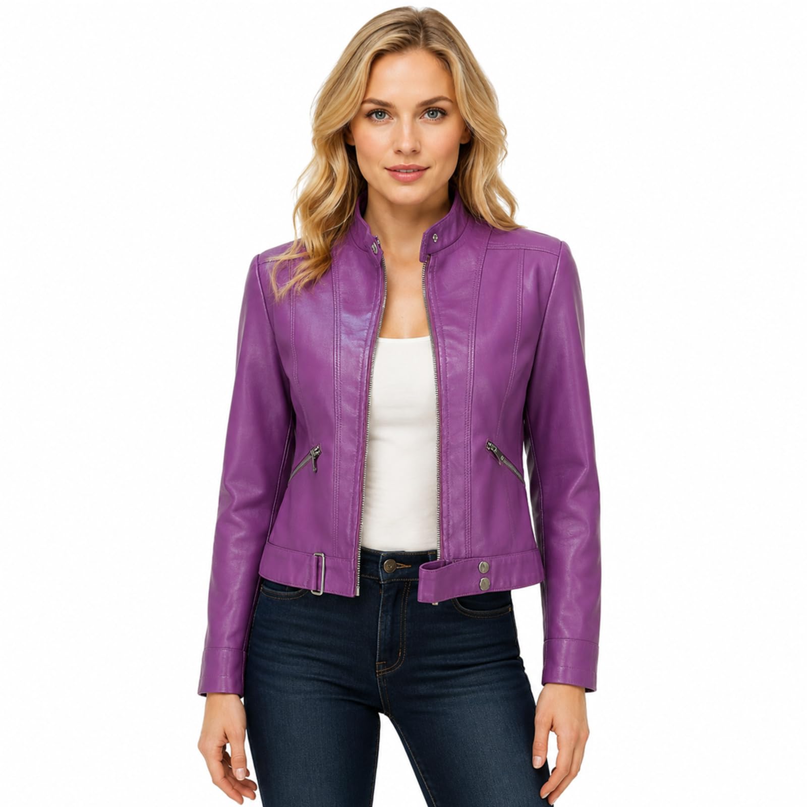 YMADREIG Leather Jacket Women Zip Up Long Sleeve Crop Motorcycle Jackets Slim Fi