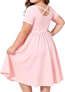 Girl Short Sleeve Dress Cotton A-Line School Dress with Pockets