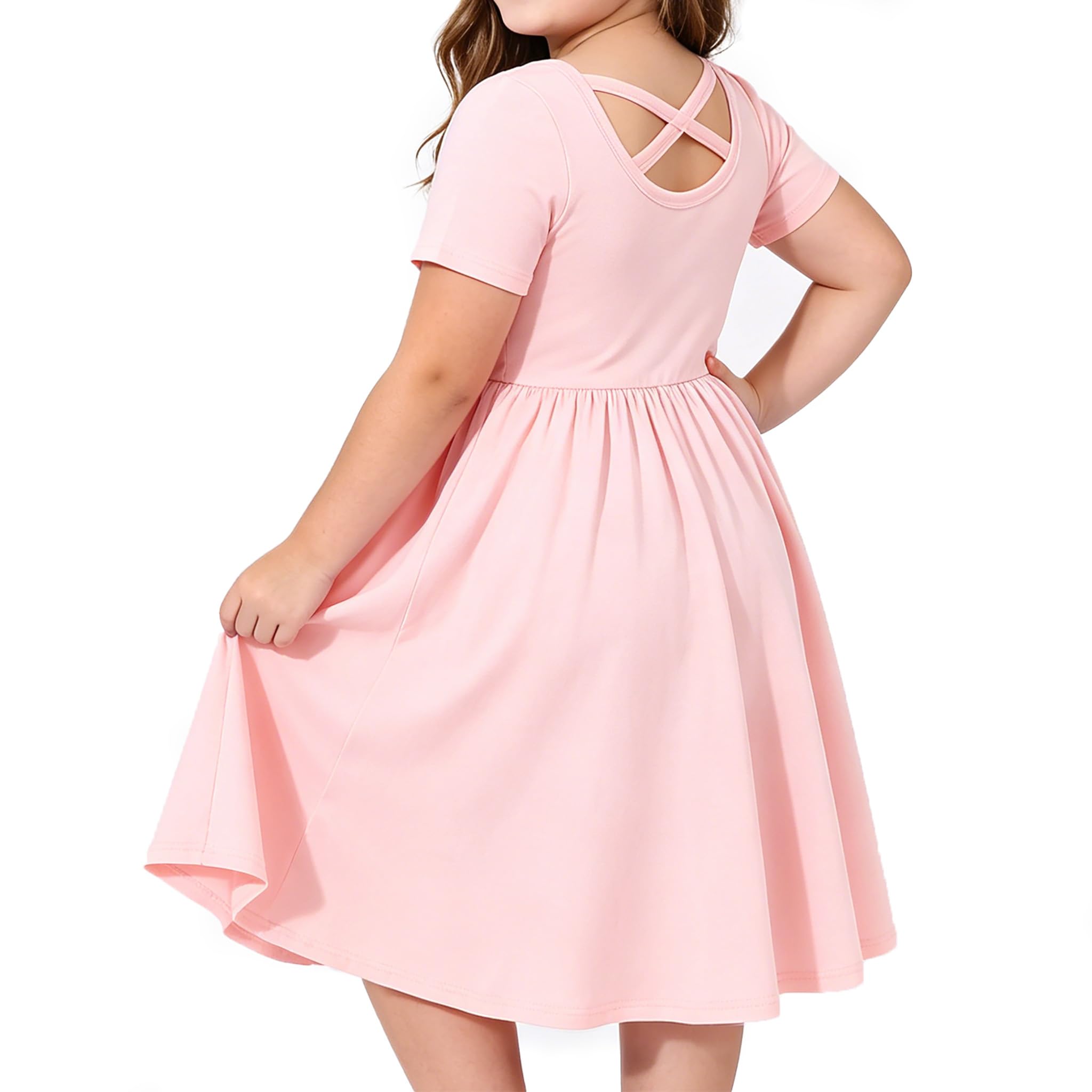 Girl Short Sleeve Dress Cotton A-Line School Dress with Pockets