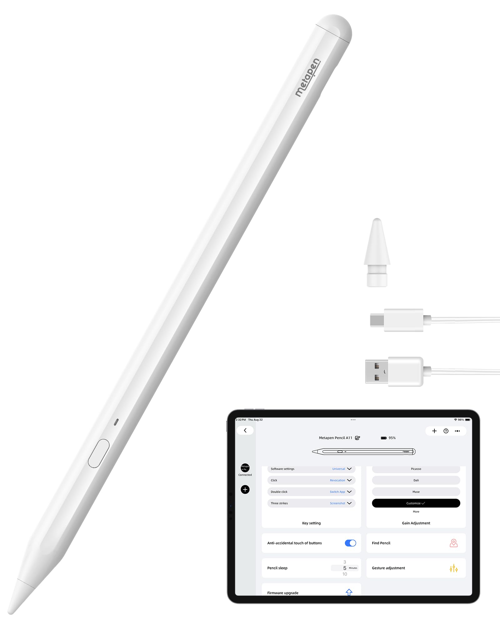 Metapen A11 iPad Pencil A16 Fast Charge Stylus Pen for iPad 2018-2026 with Palm 