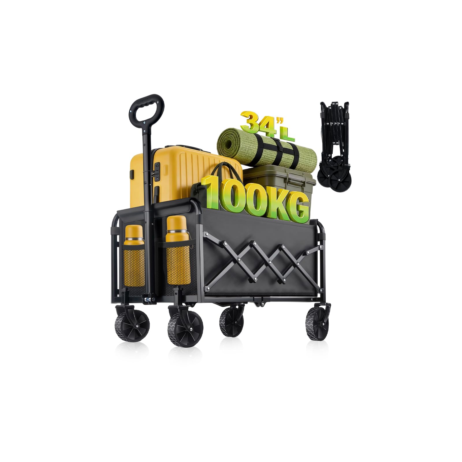 100KGCollapsible Foldable Small Wagon Carts Portable Folding Cart | 2 Drink Hold