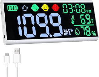 Decibel Meter 13" Sound Decibel Meter Display Time Temperature Humidity, Wall Mounted and Desktop Sound Level Meter with Buzzer Alarm Icons Indicator, Noise Meter for Classroom, Studio, Home, etc.