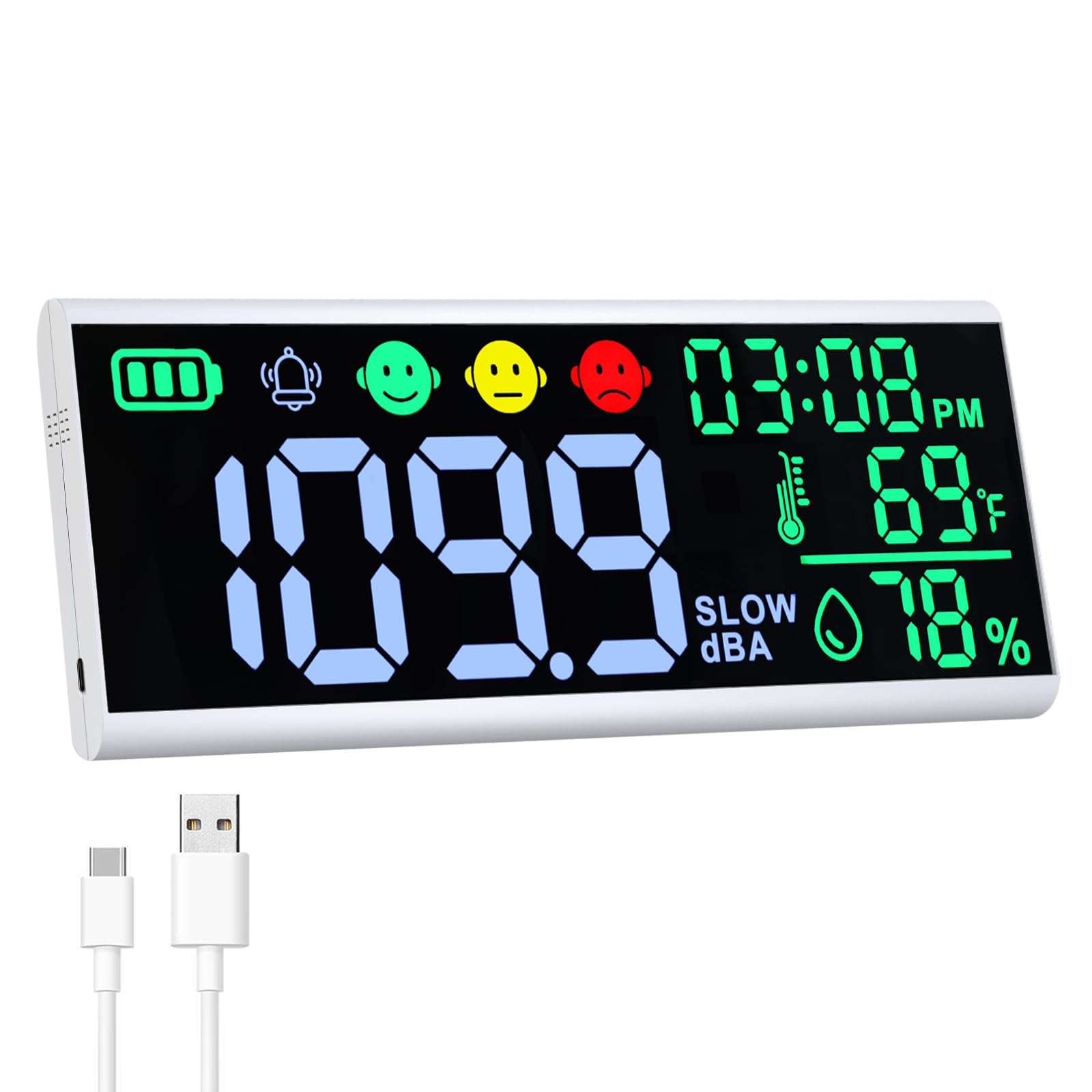 Decibel Meter 13" Sound Decibel Meter Display Time Temperature Humidity, Wall Mo