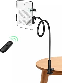 Gooseneck Kindle Holder with Remote Page Turner for Bed Reading, Black | Upgraded 2-in-1 Magnetic Remote | Shake-Free Kindle Stand | Work for Kindle Paperwhite/Oasis, E-Readers, iPad & Phones