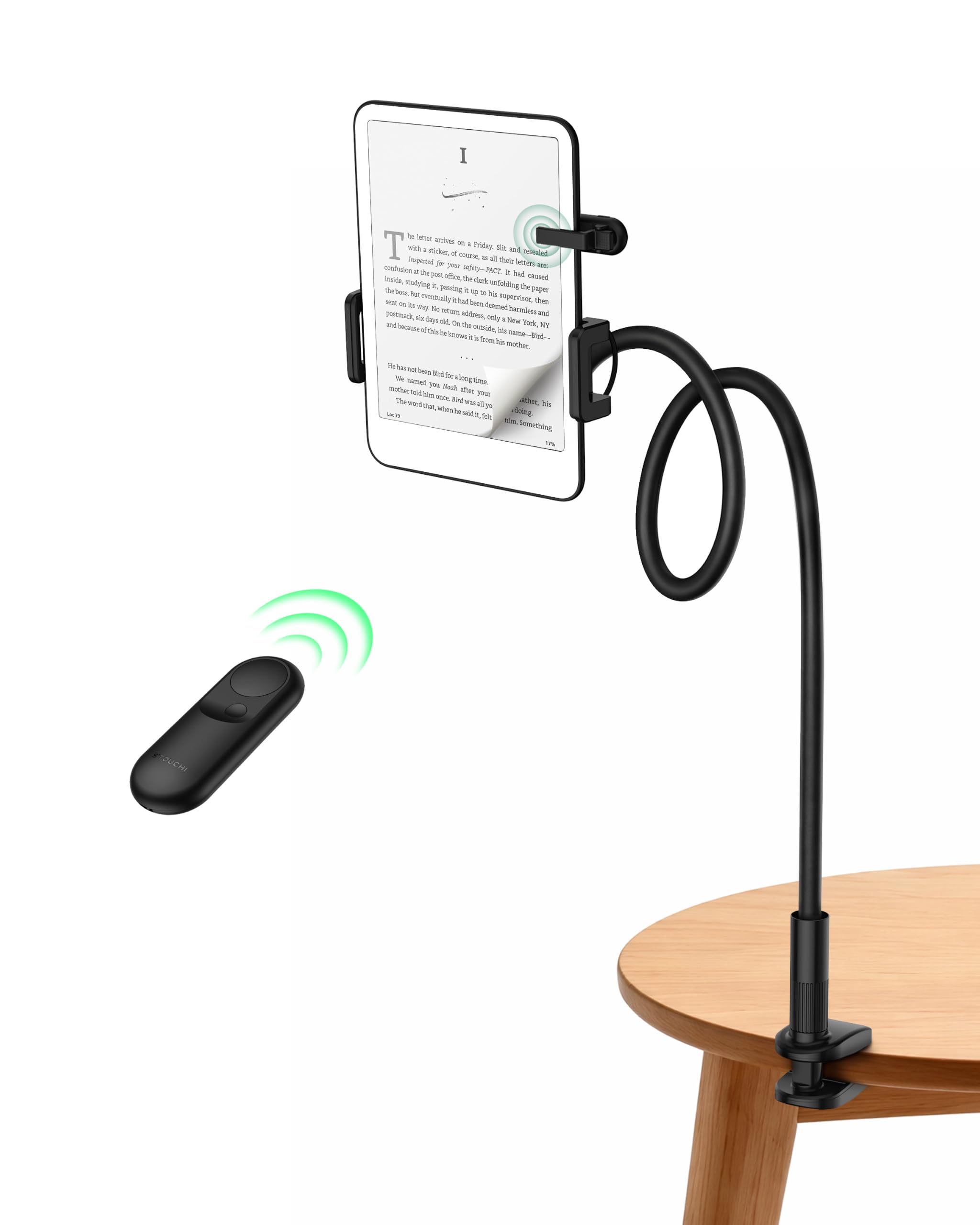 Gooseneck Kindle Holder with Remote Page Turner for Bed Reading, Black | Upgrade