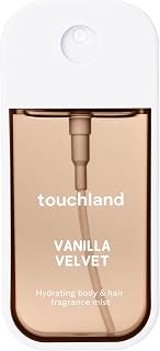 Touchland Body & Hair Vanilla Velvet Hydrating Fragrance Mist Travel Size | TSA ready spray. Gourmand scent of vanilla, coconut flakes, muguet & almond. Hydrates and refreshes skin and hair.