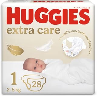 Huggies Extra Care Newborn, 28 Nappies, Size 1 (2-5kg) | Nappies Size 1, High Absorbency, Elastic Bands, Breathable Material, Hypoallergenic