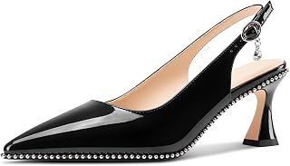 TNYNFBEB Womens Kitten Heel Pointed Toe Beads Slingback Slip On Buckle Prom Party Dress Classic Patent Leather 2.6"