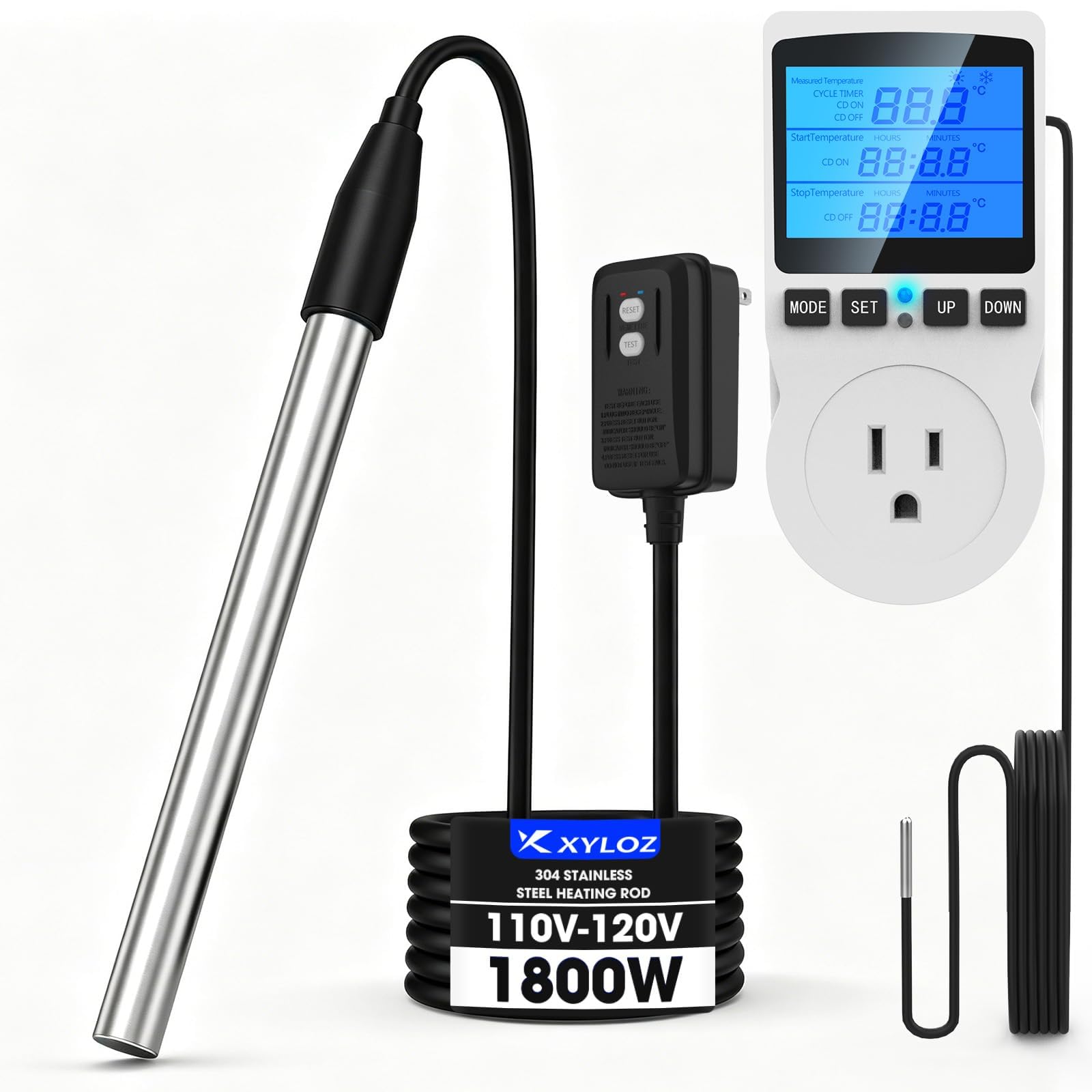 Xyloz 1800W Immersion Electric Water Heater with Thermostat & GFCI | Smart Tempe