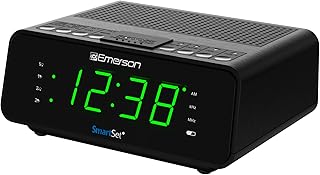 Emerson SmartSet Dual Alarm Clock Radio with AM/FM, Auto Time Setting, Sleep Timer, Snooze, 20 Presets, Easy-to-Read .9-inch Jade Green Dimmable LED Display, CKS1900