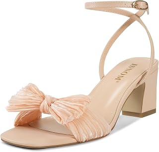 ISNOM Women's Bow Knot Heeled Sandals Square Toe Ankle Strap Dress Shoes