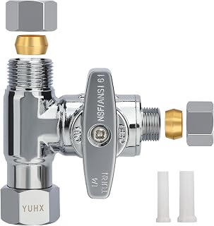 1/4 3/8 water line splitter, Feed Water Adapter for Refrigerators,Ice Maker | 3/8 Compression Tee Brass Angle Stop Add-A-Tee Valve, Under Sink Refrigerator Water Line Connector, 3/8" x 3/8" x 1/4"