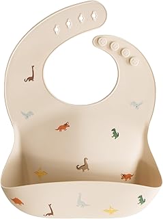 mushie Silicone Baby Bib | Adjustable Fit Waterproof Bibs (Dinosaurs) | Ages 4-24 months, Machine washable, Adjustable neck strap, Deep front pocket