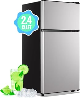 DEMULLER 45L Personal Double‑Door Mini Fridge With Freezer, Silver | 2.4 Cu.ft, Tiny Size, 7‑Level Adjustable Thermostat, Small Refrigerator for Dorm, Bedroom, Office & Apt, Single‑Person Use