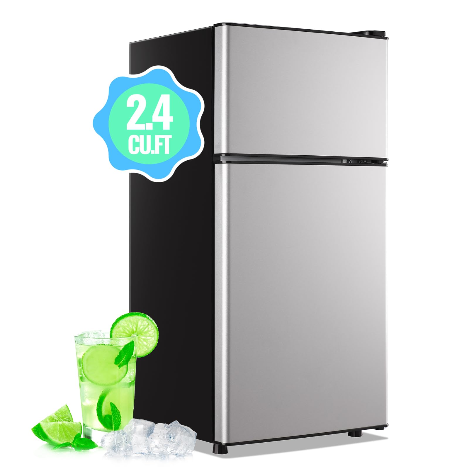 DEMULLER 45L Personal Double‑Door Mini Fridge With Freezer, Silver | 2.4 Cu.ft, 