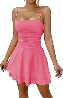 Women Sexy Spaghetti Strap Tank Dress Basic Casual Backless A-line Club Party Mini Skater Dress