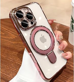 Magnetic Case for iPhone 15 Pro Case Clear Invisible Stand Built-in Camera Lens Protector Compatible with MagSafe Protective Case Cover for 15 Pro,Pink