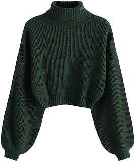 ZAFUL Women's Pullover Sweater Drop Shoulder Plain Knitted Cropped Sweater Pullover Solid Long Sleeve Cropped Tops