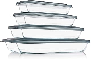 KOMUEE 8 Pieces Glass Baking Dish with Lids, Gray | Rectangular Glass Baking Pan, Bakeware Set with Lids for Lasagna, Leftovers, Cooking, Fridge-to-Oven, Casserole Dish