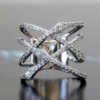 925 Silver Shiny Full Diamond Ring 14K Cross Rings,Criss Cross X Ring Cubic Zirconia Simulated Diamond Ring for Women Cubic Zirconia Cocktail Rings Eternity Engagement Wedding Ring Promise Rings （6）